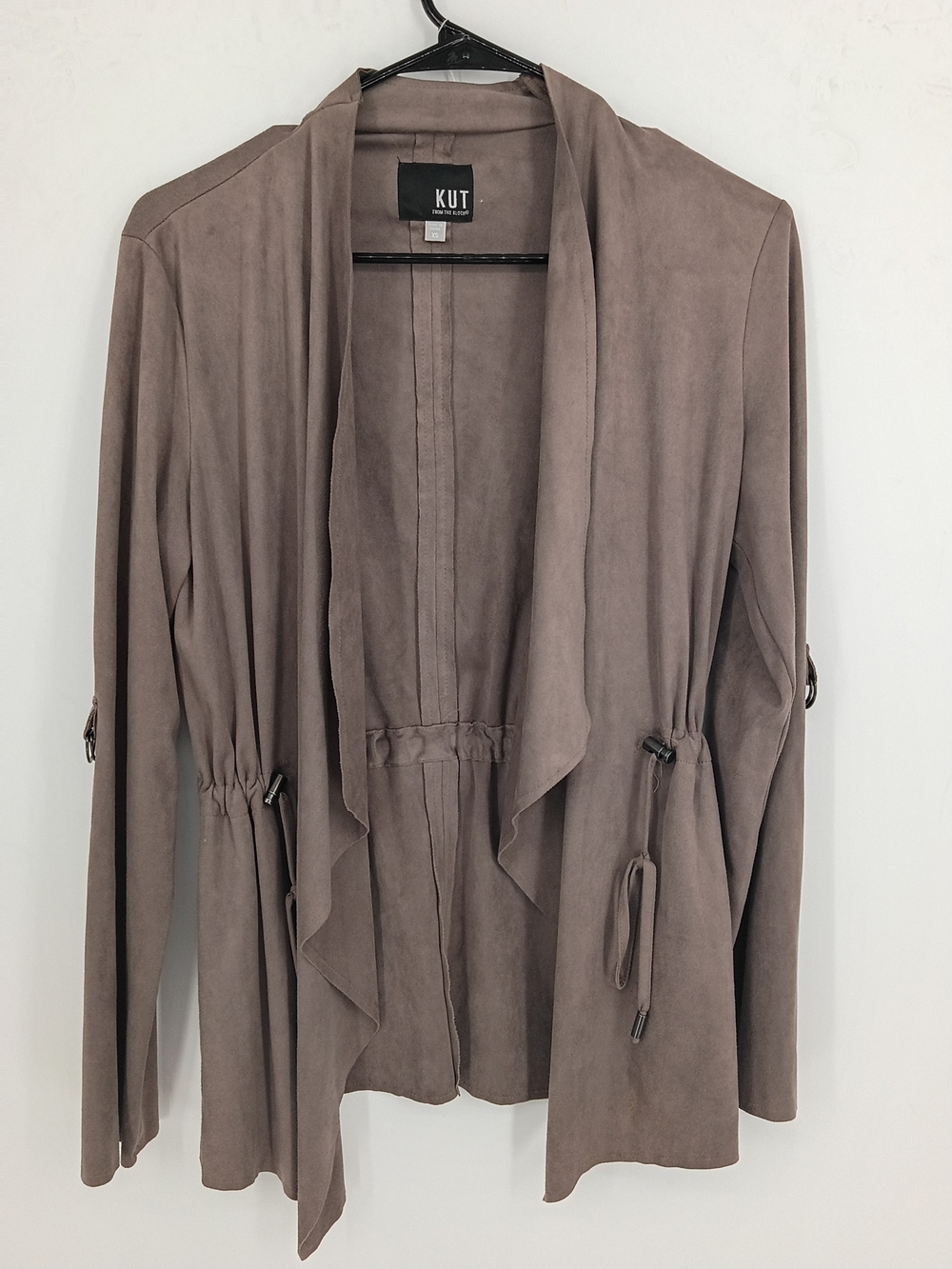Kut from the Kloth Taupe Open-Front Draped Utility Jacket Faux Suede Xs
